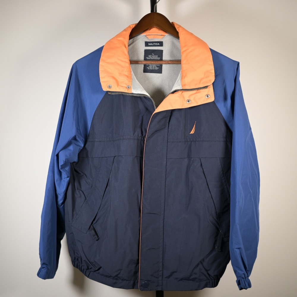 VTG Nautica Mens Color block Windbreaker Jacket Navy Orange Large Zip Nautical